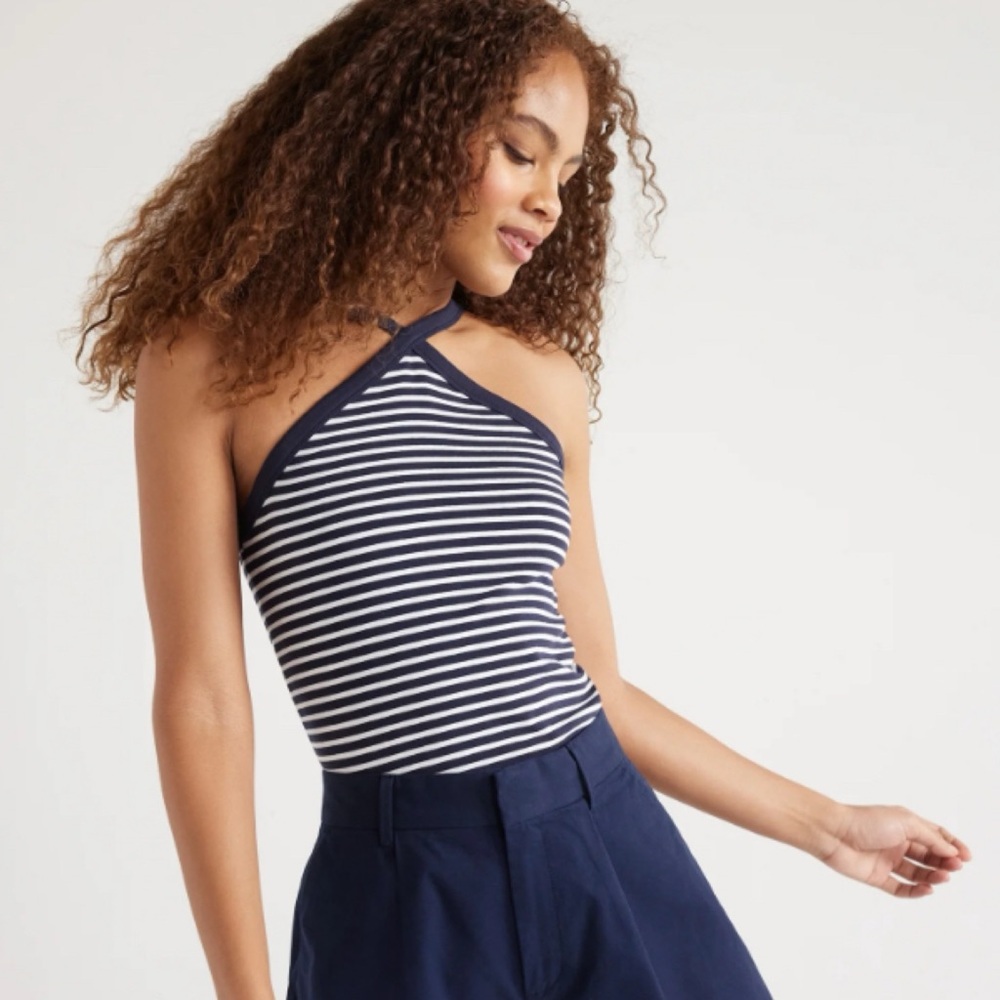 🆕 Free Assembly Striped Knit Halter Top L Large 12 14 NWT New Navy Blue White